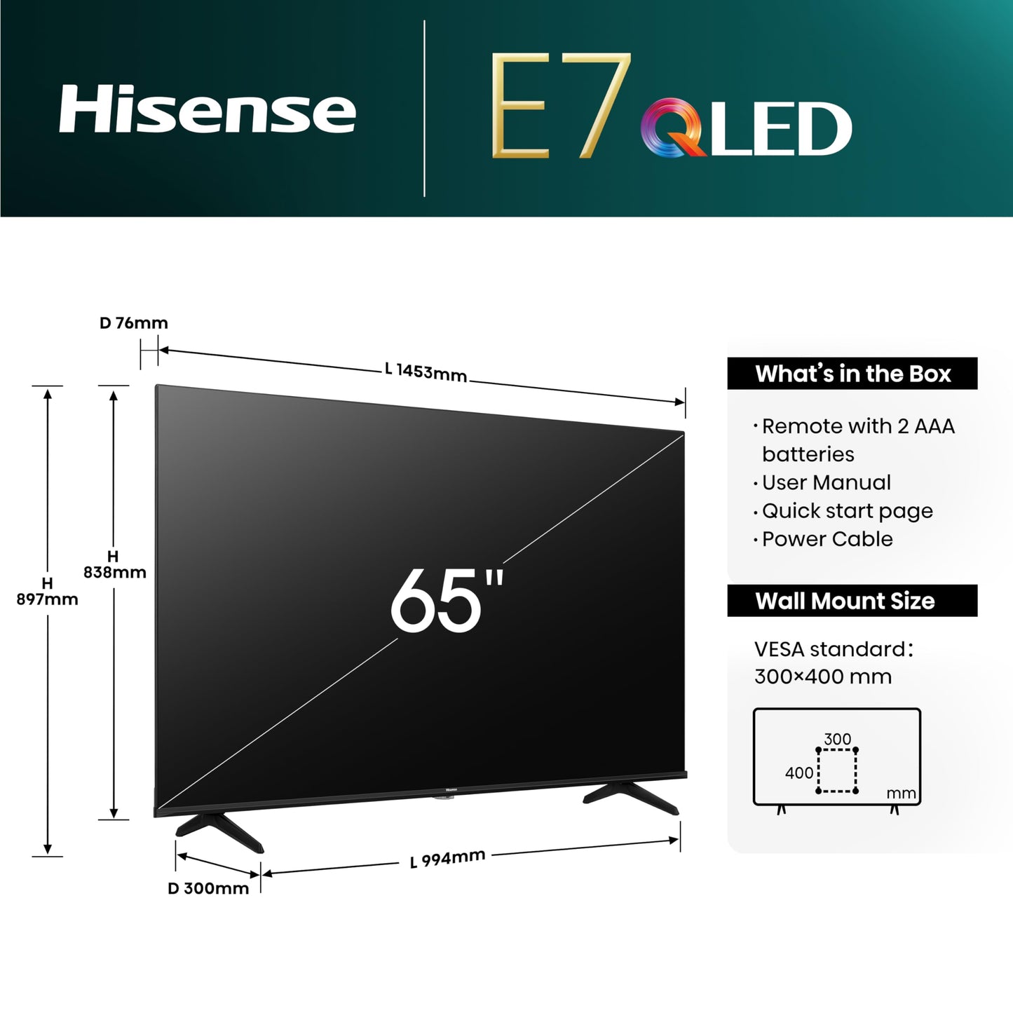 Hisense 50E7NQ 50” 4K UHD QLED Smart TV (2024) – HDR10+, Dolby Vision Atmos, Bluetooth, Alexa Built-in, VIDAA OS, 60Hz Panel