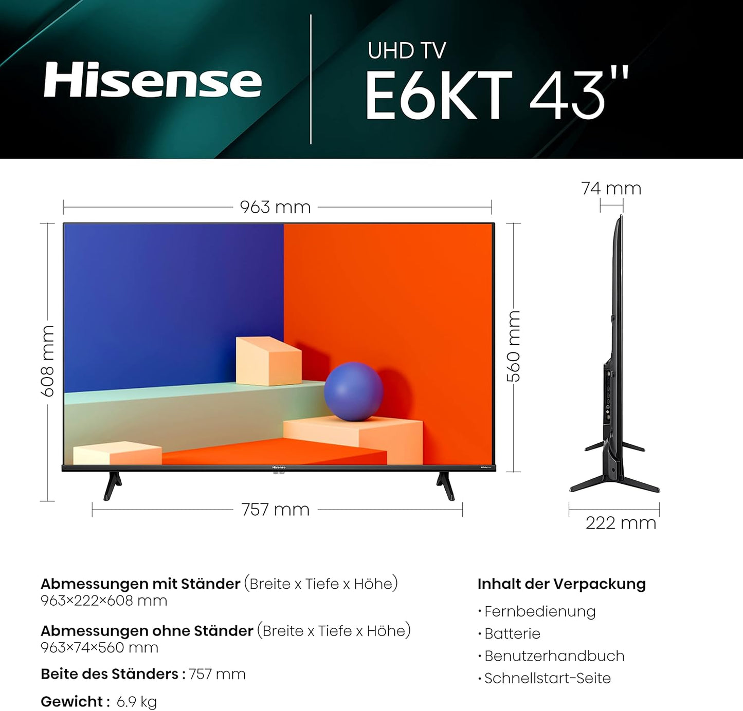 Hisense 43E6KT 43” 4K UHD Smart TV (2023) – HDR, Dolby Vision, Triple Tuner DVB-C/S2/T2, Frameless Design