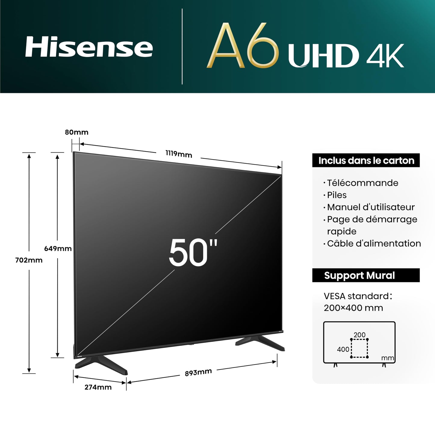 Hisense Smart TV 50 Zoll 50A6N 4K UHD, Dolby Vision, HDR, VIDAA mit YouTube, Netflix, Disney+, Canal + (Modell 2024)