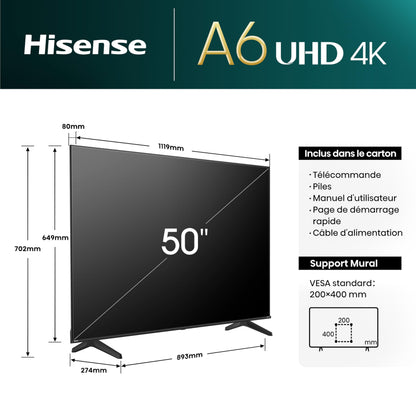 Hisense Smart TV 50 Zoll 50A6N 4K UHD, Dolby Vision, HDR, VIDAA mit YouTube, Netflix, Disney+, Canal + (Modell 2024)