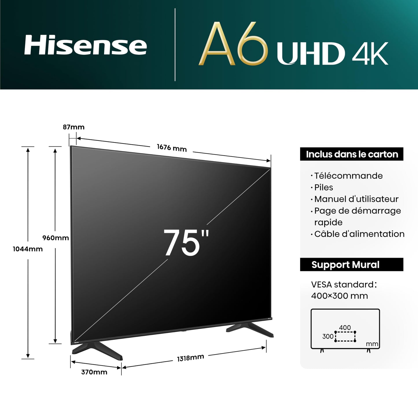 Hisense Smart TV 50 Zoll 50A6N 4K UHD, Dolby Vision, HDR, VIDAA mit YouTube, Netflix, Disney+, Canal + (Modell 2024)