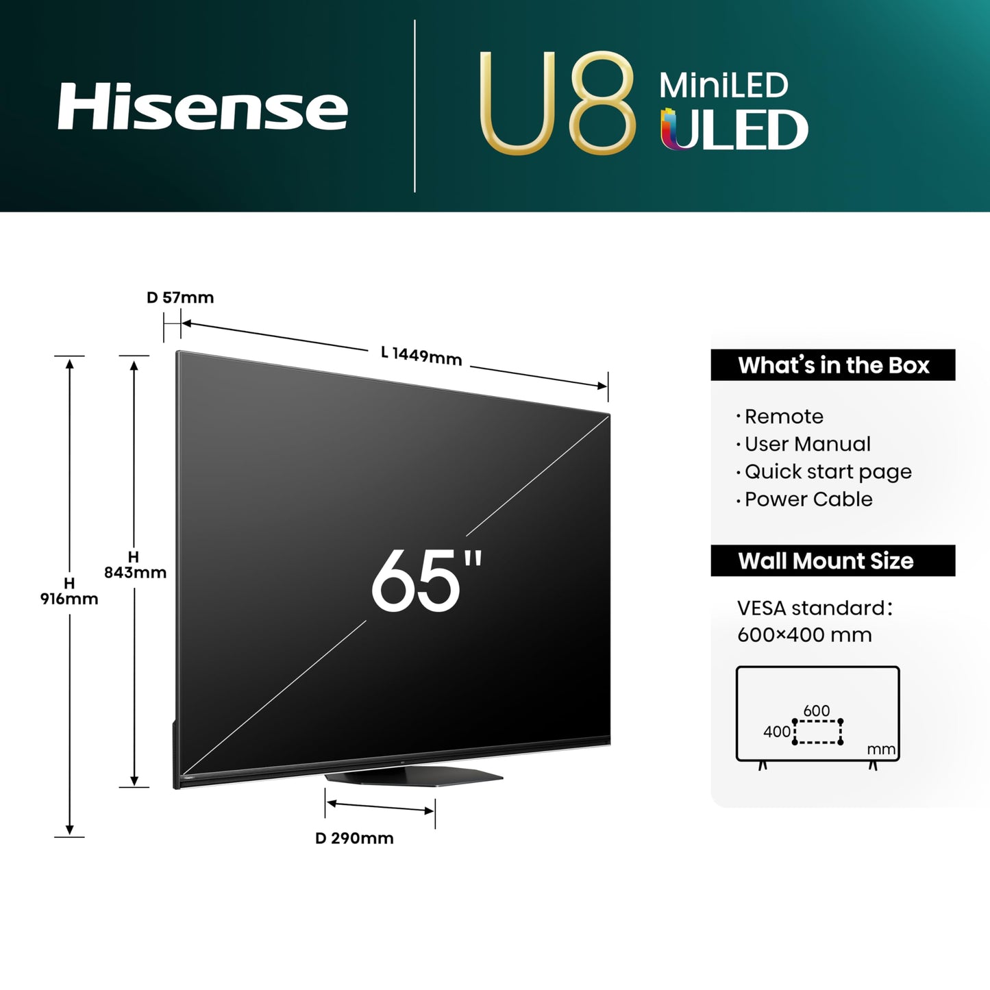 Hisense 55U7NQ 55” 4K Mini LED ULED Smart TV (2024) – Quantum Dot, 120Hz/144Hz VRR, HDMI 2.1, Game Mode Pro