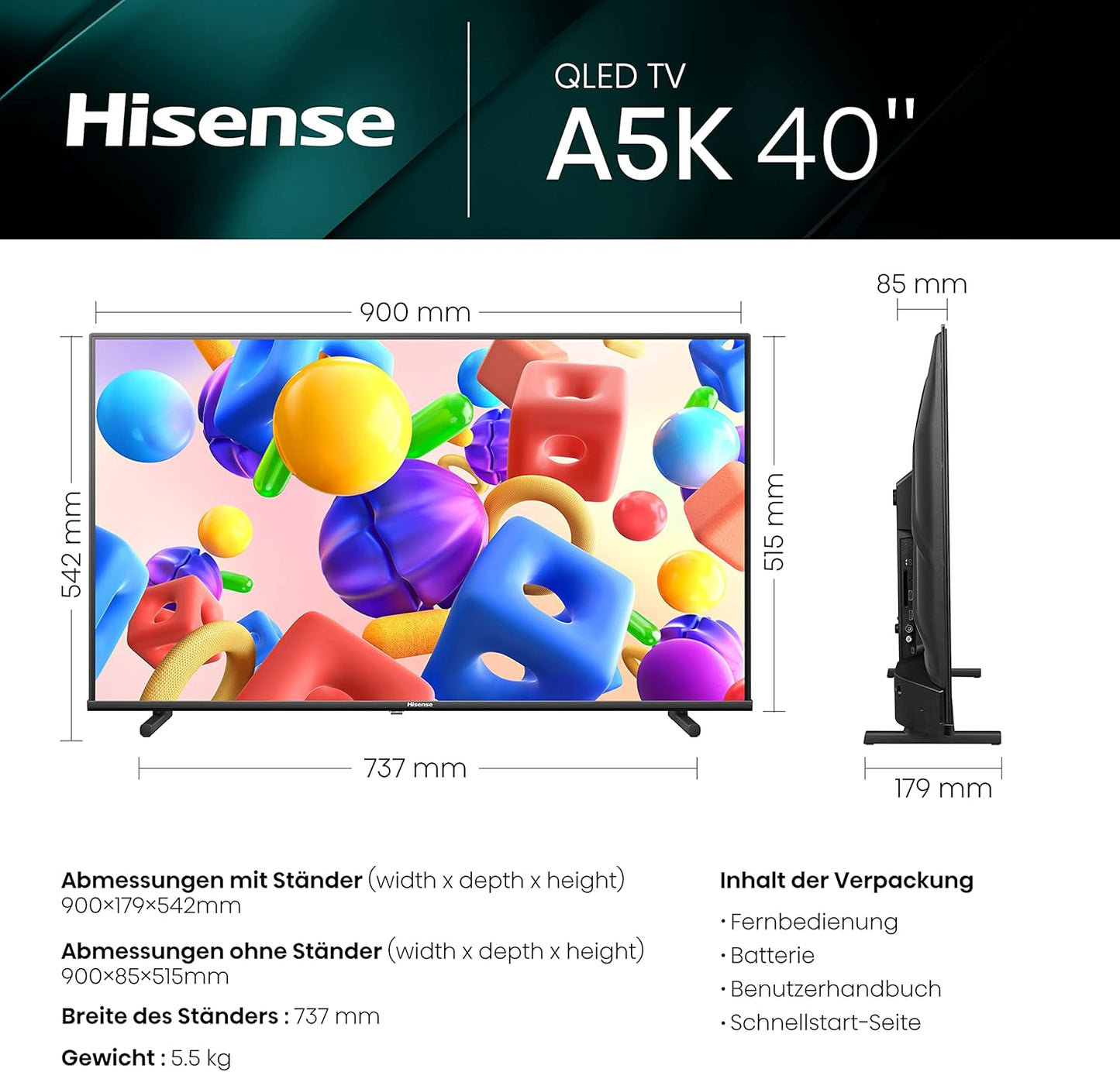 Hisense 40A5KQ 40” Full HD QLED Smart TV (2023) – Triple Tuner DVB-T2/C/S2, USB-C, Dual Positioning, Alexa Compatible