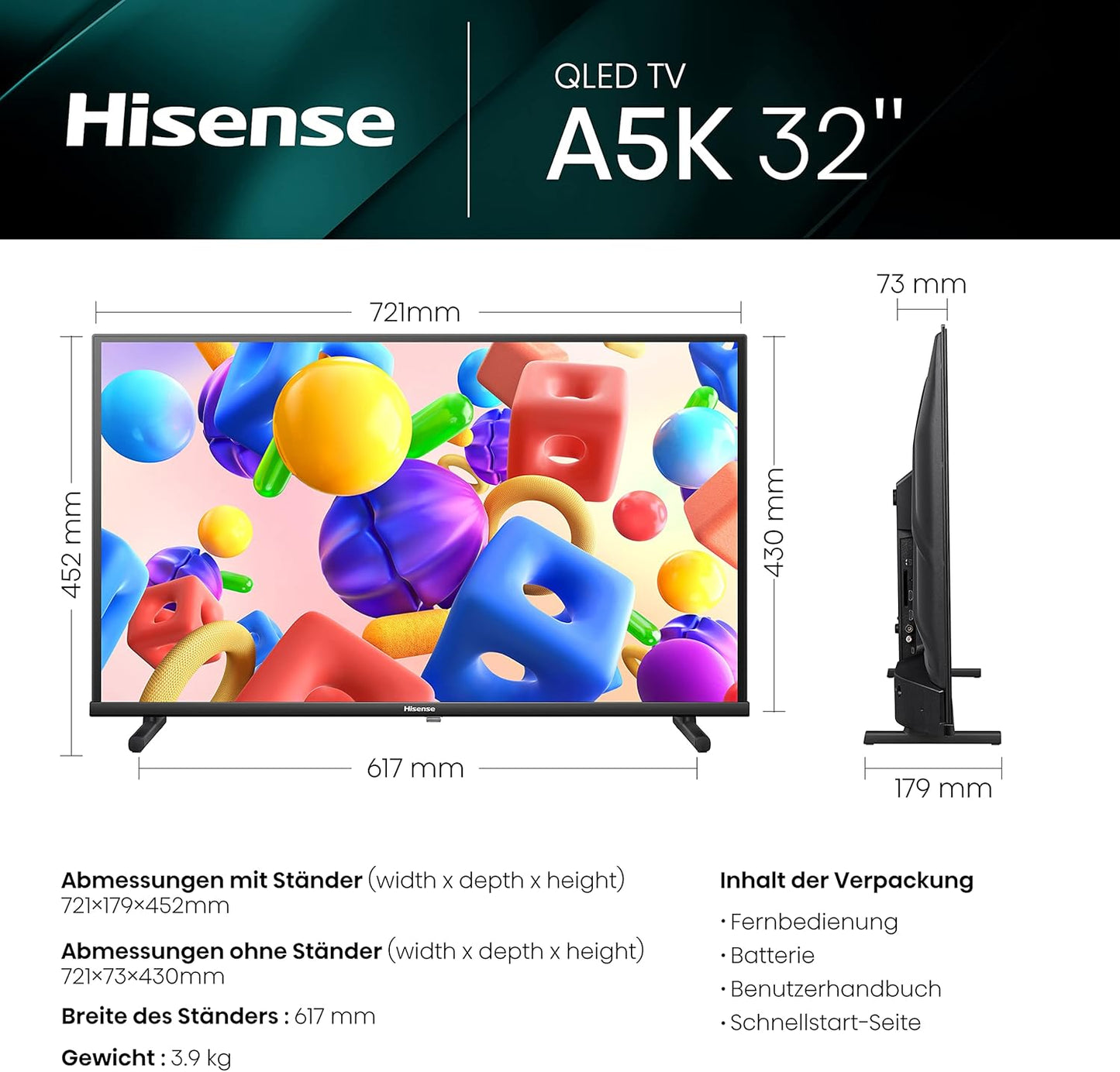 Hisense 32A5KQ 32” Full HD QLED Smart TV (2023) – Triple Tuner DVB-T2/C/S2, USB-C, Dual Positioning, Alexa Compatible