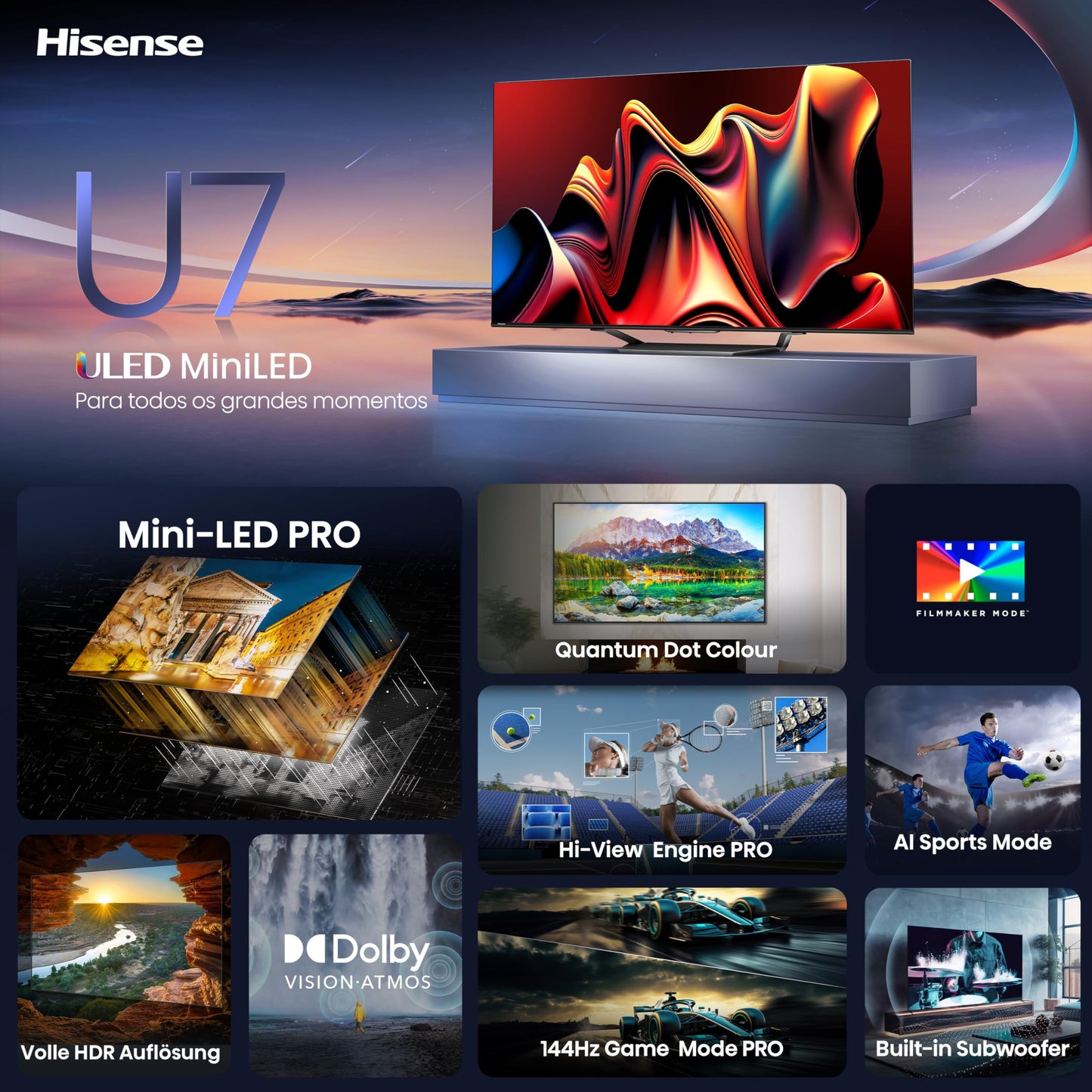 Hisense 55U7NQ 55” 4K Mini LED ULED Smart TV (2024) – Quantum Dot, 120Hz/144Hz VRR, HDMI 2.1, Game Mode Pro